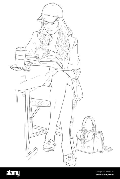 Fashion illustration sketch girl with coffee Stock Photo - Alamy