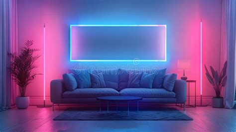 Furniture Couch, Table, Neon Lights in a Purple Living Room Stock Photo ...