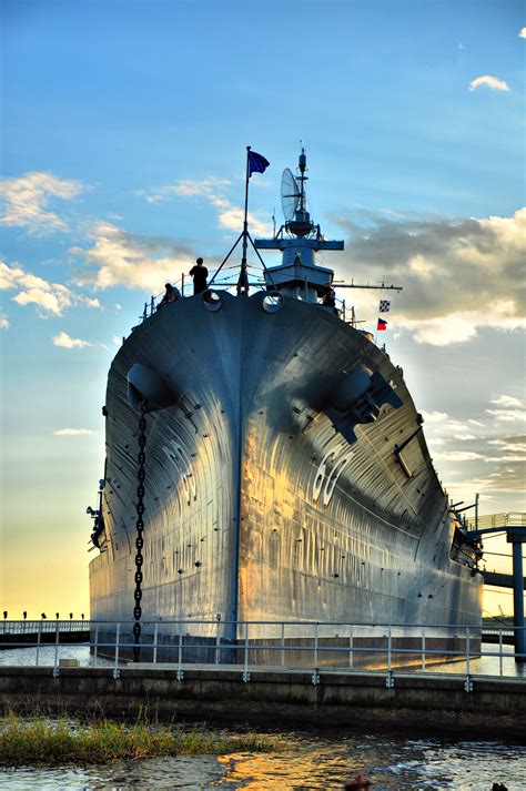 A bow view of South Dakota-class battleship USS Alabama (BB-60), now a ...