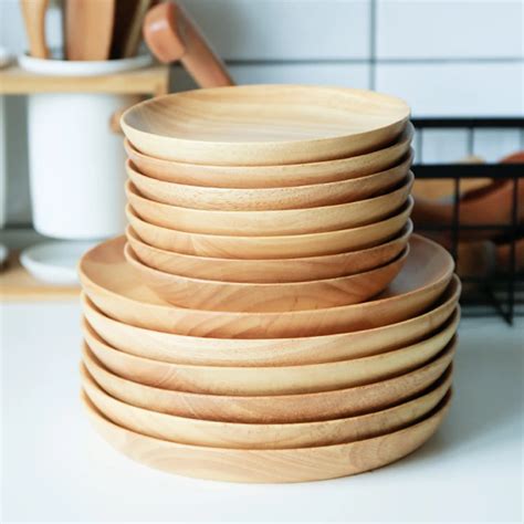 2pcs Round Wooden Plate Set Large Small Wood Snack Fruit Dishes Cake Plates Serving Tray Hand ...