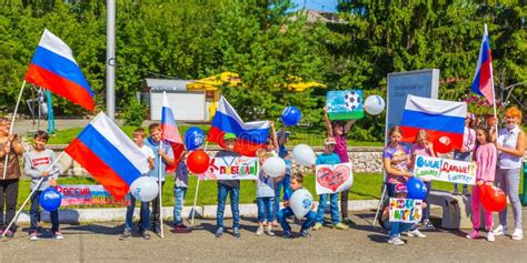 A Group of Sports Children with Russian Flags and Sports Posters in the ...