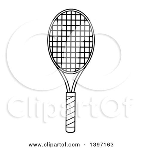 Clipart of a Black and White Lineart Tennis Racket - Royalty Free ...