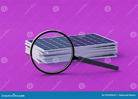 Heap of Solar Panels Near Magnifier. Research of Photovoltaic Elements Stock Illustration ...