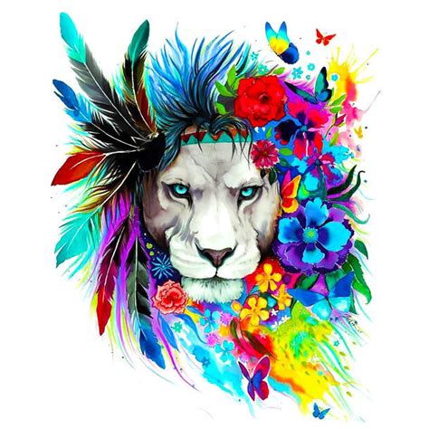 Colorful Lion Flowers Tattoo Design