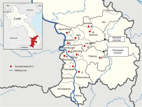 Map showing the surveyed areas of Lao PDR, Saravane province (A-F ...