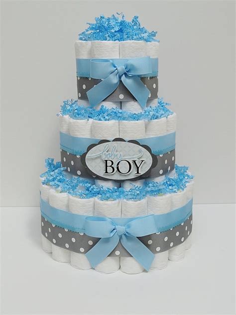 Baby Boy Blue And Gray Diaper Cake Baby by LanasDiaperCakeShop