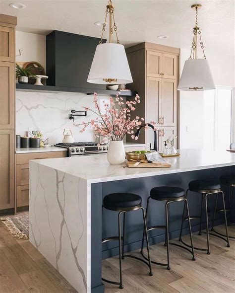 Black Waterfall Kitchen Island with Marble Countertop - Soul & Lane