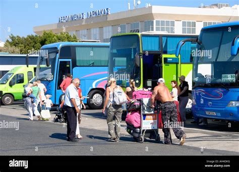 Coaches for arrivals and departures at Larnaca Airport on the Mediterranean island of Cyprus EU ...