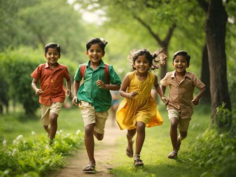 Group of happy playful Indian children running outdoors in park Asian ...