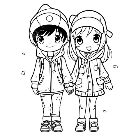 Cute Couple Of Kids With Their Winter Coloring Pages Outline Sketch ...