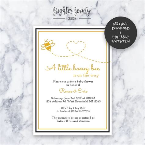 Honey Bee Baby Shower Invitation INSTANT DOWNLOAD Editable PDF Do It Yourself Printable - Etsy