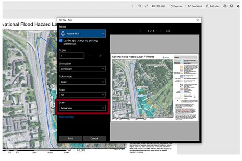 NFHL FIRMette print interface. Options include, Printer, Copies, Orientation, Color mode, Pages ...