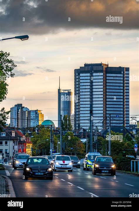 Skyline of Essen city centre, city hall, RWE tower, dome of the old ...