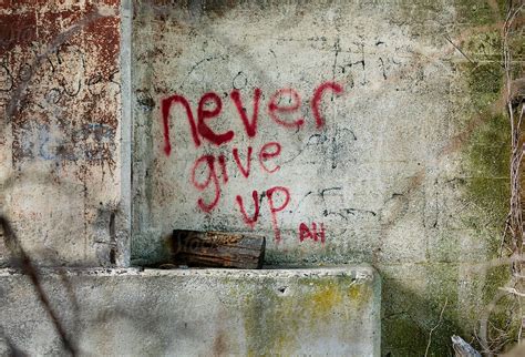 Inspirational graffiti - never give up on a grungy concrete wall by David Smart - Stocksy United