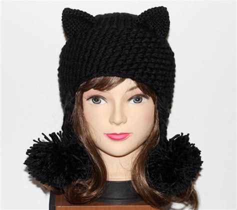 Crochet Cat Ears Hat, Cat Ears Beanie, Black Cat Beanie, Hat Pom Poms , Winter Accessories ...