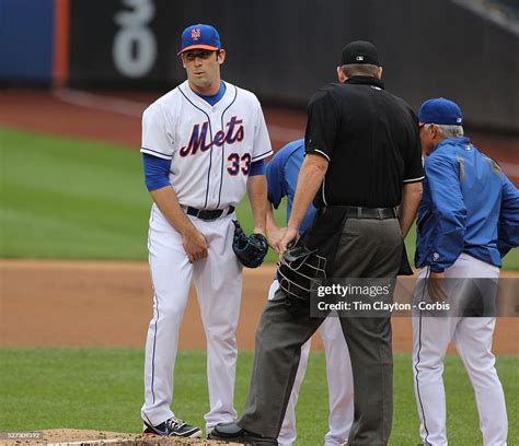 Pitcher Matt Harvey pitching for the New York Mets after being hit by ...