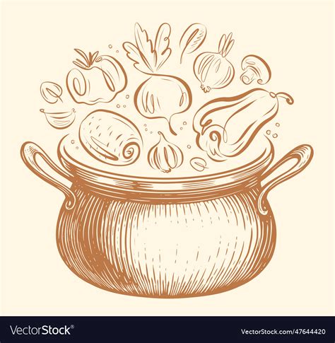 Food cooking ingredients in saucepan sketch Vector Image