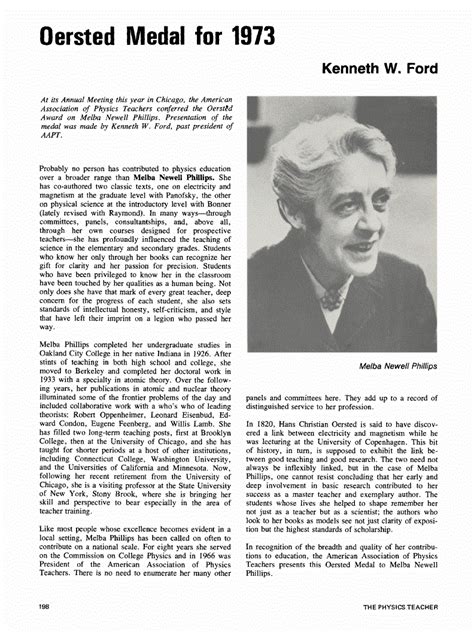 Oersted Medal for 1973 | The Physics Teacher | AIP Publishing