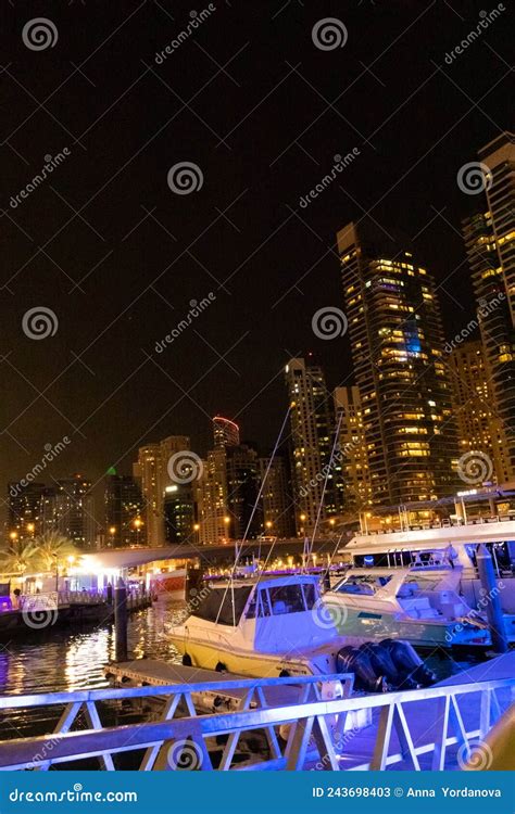 Luxurious Yachts at Dubai Marina Pier Night View UAE Editorial Stock ...