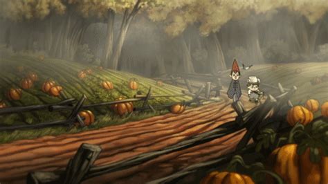 an animated image of a person walking down a road with pumpkins on the ground