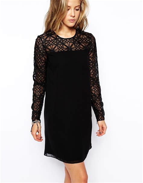 Lyst - Needle & Thread Lattice Sleeve Shift Dress in Black