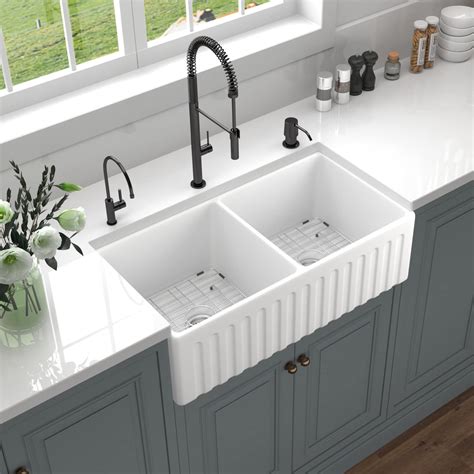 Buy HausinLuck 33 inch Fireclay Farmhouse Sink, Double 50/50 Apron Front Farm Kitchen Sink ...