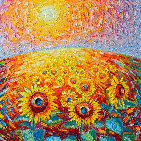 Fields Of Gold - Abstract Landscape With Sunflowers In Sunrise Painting ...