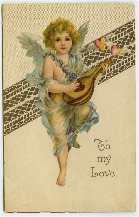 Valentine Greeting Cherub Angel Playing Mandolin Hearts with Wings ...