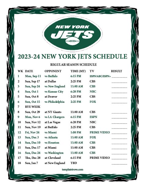 Printable 2023-2024 New York Jets Schedule