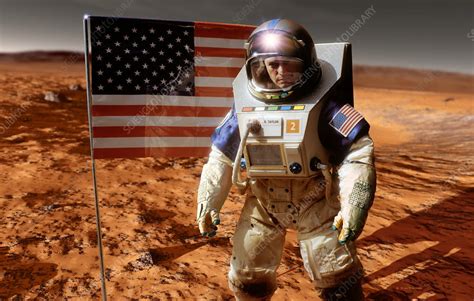 Astronaut on Mars with US flag, artwork - Stock Image - S610/0123 ...