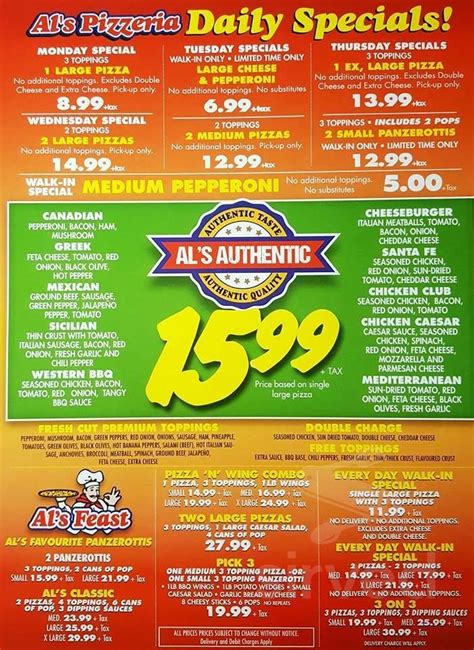 Al's Pizzeria menu in St Thomas, Ontario, Canada