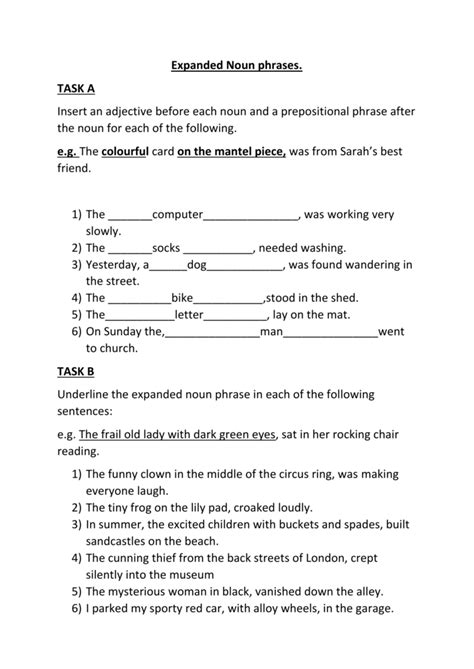 Expanded Noun phrases ( homework sheet)