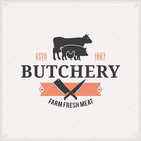 Butcher Shop Logo, Meat Label Template with Farm Animals Silhouettes and Knives