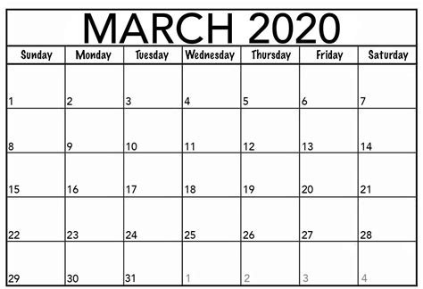 Editable March 2020 Calendar To Print PDF Word Blank Template Notes ...