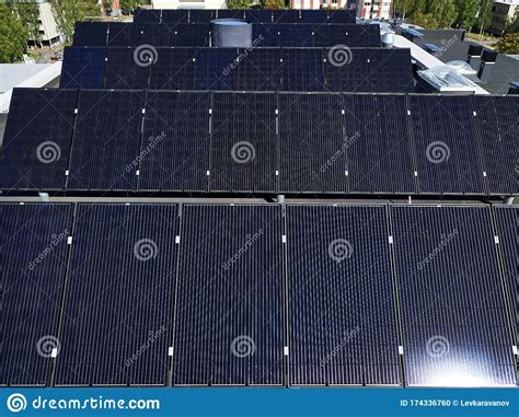 Aerial View of Solar Panels on the Roof. Stock Photo - Image of ...