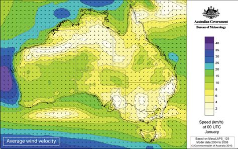 Average monthly wind velocity maps, Bureau of Meteorology