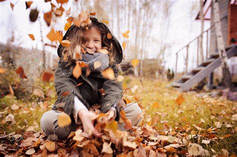 happy child playing with leaves in autumn. Seasonal outdoor activities with kids. Lifestyle ...