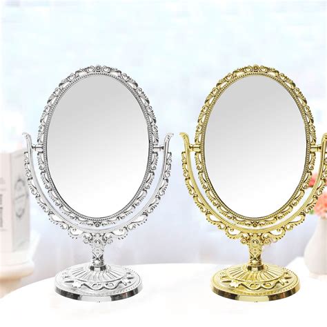 11.4" 360° Degree Gold/Silver Antique Oval Vintage Desktop Stand Vanity MakeUp Mirror for Home ...