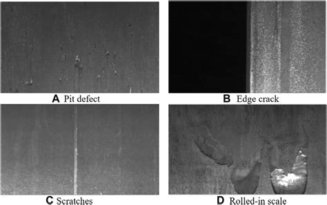 | Four typical steel plate defects. (A) Pit defect, (B) Edge crack, (C)... | Download Scientific ...