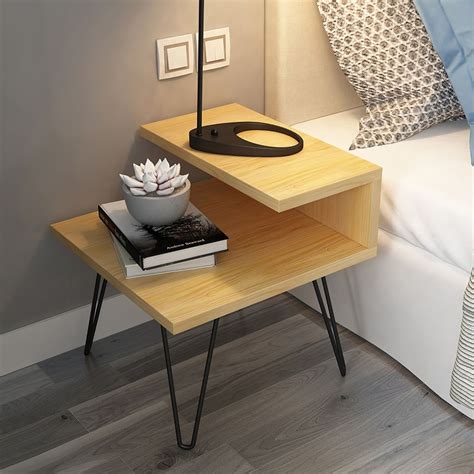 Minimalist Natural Nightstand Bedside Table Metal in Black Finish