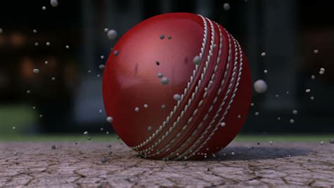 An Ultra Motion Close Up Of A Red Leather Stitched Cricket Ball Hitting A Cracked Cricket Pitch ...