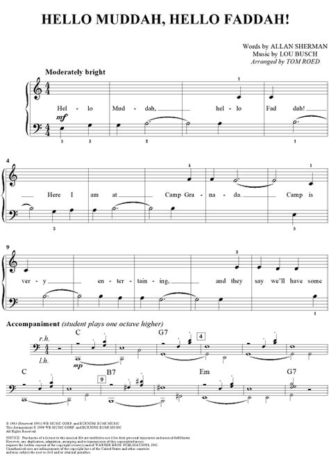 Hello Muddah, Hello Faddah!" Sheet Music for Easy Piano/Vocal - Sheet Music Now