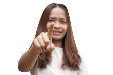 Asian woman pointing finger at front button 20952286 PNG