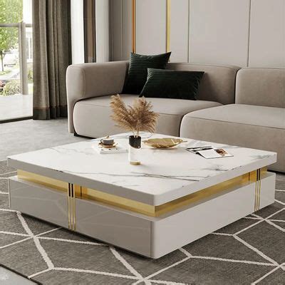 Trimied 43" Modern White Square Storage Coffee Table Stone Top with 4 ...