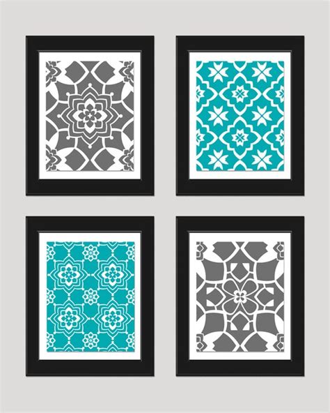 Items similar to Grey Turquoise Wall Art Print Set, Vintage / Modern, Home Decor, Set of 4 ...