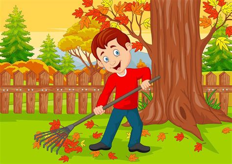 Cartoon Male cleaner sweeping autumn leaves with rake 7271045 Vector Art at Vecteezy