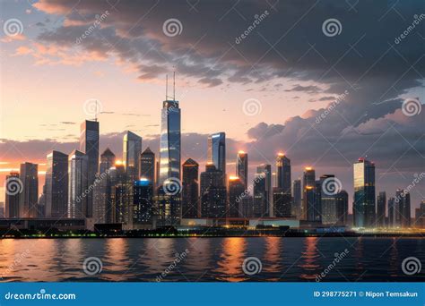 City skyline at sunset stock image. Image of river, beautiful - 298775271