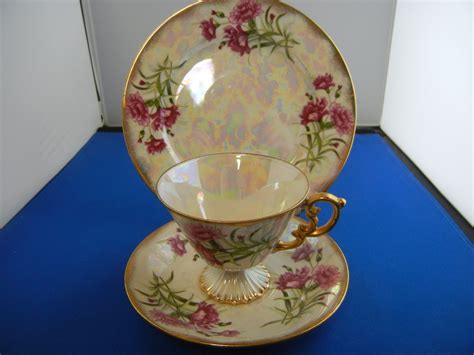 UCAGCO China Japan January Carnation Iridesecent Tea Cup Saucer Plate ...