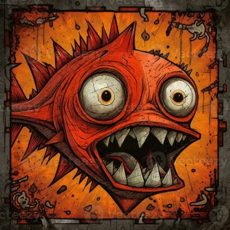 crazy fish angry furious mad portrait expressive illustration artwork oil painted sketch tattoo ...