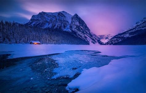 Wallpaper winter, forest, snow, mountains, lake, house, dawn, morning ...